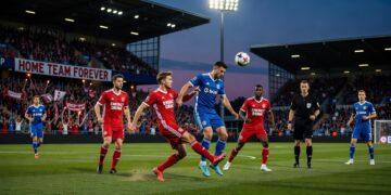 Vue de Liverpool avec des bâtiments emblématiques, une boutique fermée, une salle de spectacle illuminée et des habitants rassemblés.