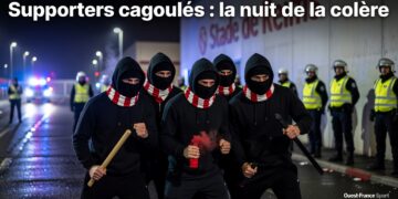 Des supporters cagoulés attendent les joueurs du Stade de Reims devant le centre d'entraînement de nuit, ambiance tendue.